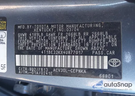 2004 Toyota Camry Le z USA, uszkodzony, nr VIN 4T1BE32KX4U877017